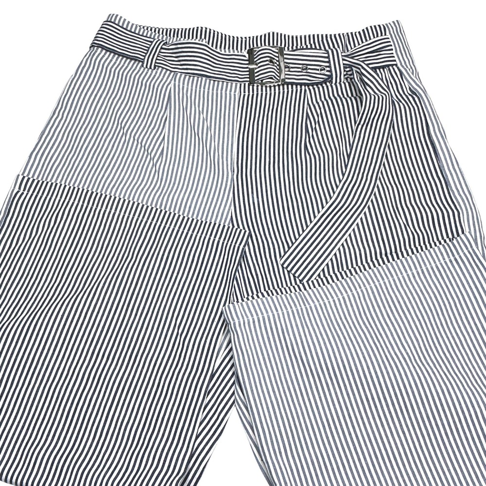 Farrow Navy Striped Wide Leg Paperbag Pants Belted High Rise Women Size M‎ Retro